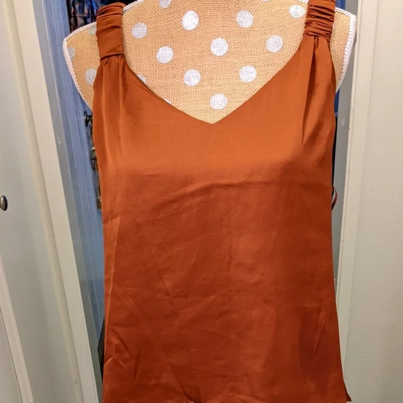 1 STATE Slinky satin bronze top, gathered straps, shoulder-flaunting, sexy L NWT - Picture 8 of 17